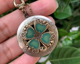 Shamrock Locket Necklace. Four Leaf Clover. Personalized Lucky Keepsake. Irish Gift for Her. family.