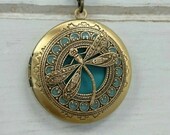 Tiffany Dragonfly Locket Necklace, antique style Anniversary Bridesmaid gift Wedding Birthday Sister Mom Daughter Photo Picture friend.