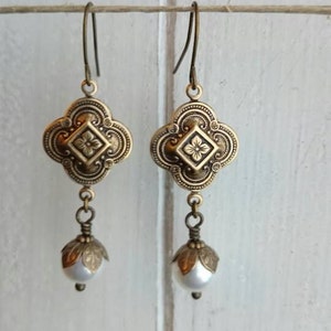 Vintage style Dangle earrings antique brass attached with crystal pearl. image 3