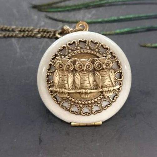 Antique Brass Owl Locket: Photo Keepsake Pendant