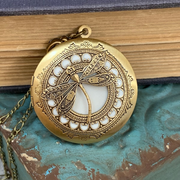Antique Style Dragonfly Locket Necklace: Personalized Photo Keepsake wedding souvenir Insect customized