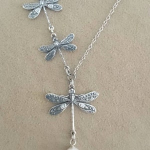 Dragonfly Necklace: Antique Silver Tone Pendant with Crystal Pearl