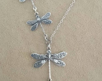 Dragonfly Necklace: Antique Silver Tone Pendant with Crystal Pearl