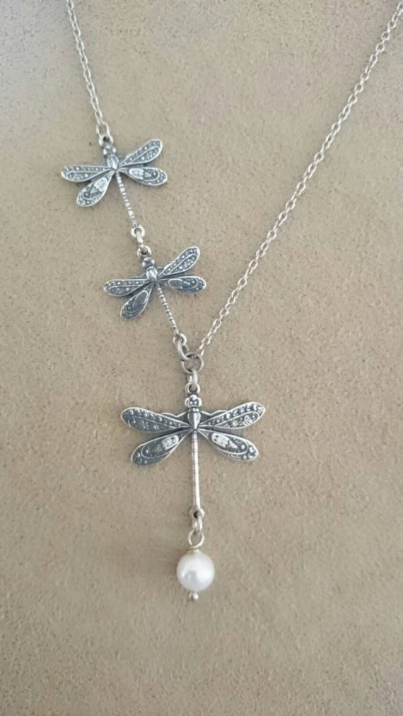 Dragonfly Necklace. Antique Silver Tone. Pearl. Victorian. Pendant. Charm. Wedding. Birthday gift