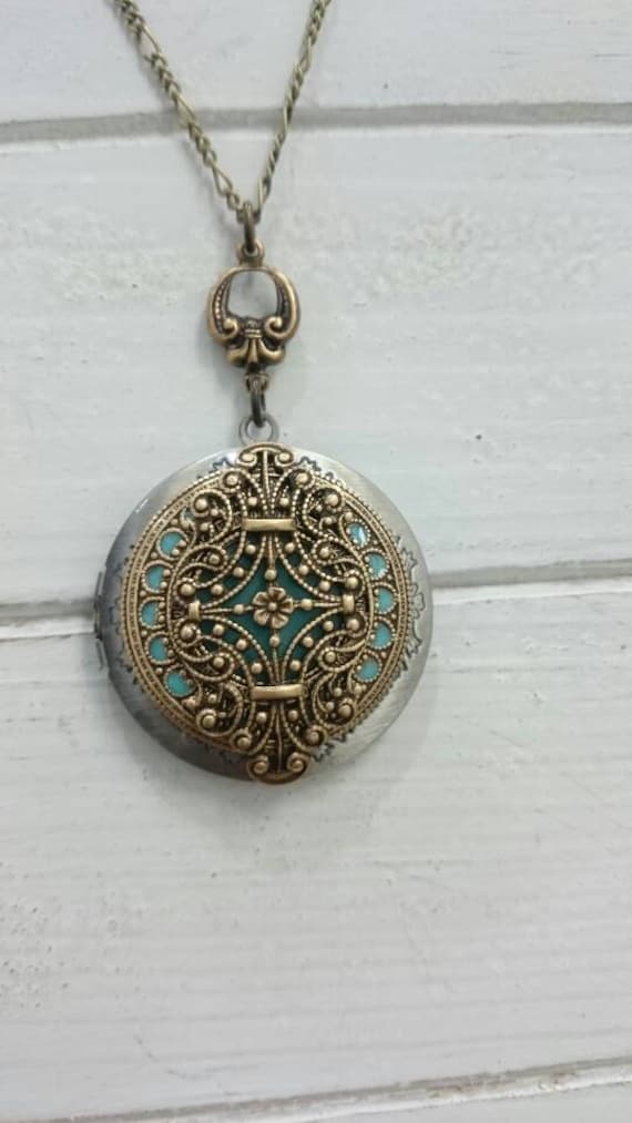 Vintage Style Locket: Antique Silver tone & Brass, Keepsake Jewelry steampunk turquoise unisex jewelry