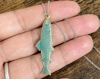 Enamel Fish Necklace: Antique Silver Tone Brass Pendant
