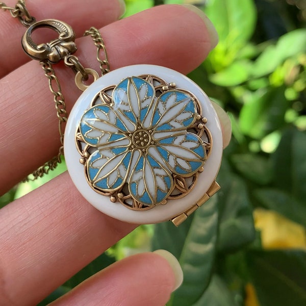 Victorian Style Locket: Antique Brass Filigree Flower, Keepsake Photo