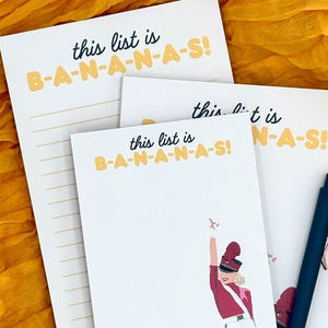 This List Is Crazy Notepad, Funny Bananas Cute Stationery, Pop Culture Desk Pad, Handmade Humor Gift, Music Lover Band Geek Notepad