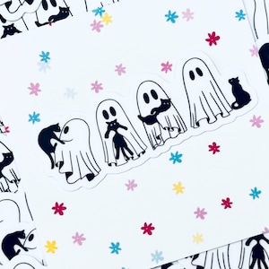 Sticker défilé d'Halloween fantôme et chat noir, autocollant en vinyle fantasmagorique mignon, vinyle automne automne mignon Halloween, cadeau d'anniversaire pour elle, amoureux des chats