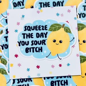 Sticker Squeeze the Day You Sour B*tch – grappige citroensticker, waterdicht vinyl, sarcastische laptopsticker, schattig citrusesthetiek, inspirerend