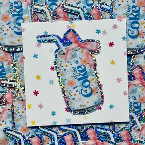 Holographic Glitter Floral Diet Soda Sticker – Cute Aesthetic Pop Can with Straw and Pink Bow, Waterproof Vinyl, Laptop & Water Bottle