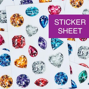 May include: Sheets of stickers featuring colorful gemstone designs in various shapes, including hearts, ovals, and circles. The gems are rendered in shades of red, blue, yellow, and clear, with a sparkling, faceted appearance. The text "STICKER SHEET" is displayed on a purple background.