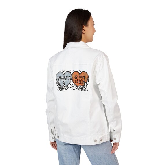 Embroidered Denim Jacket, What's a Goon to a Goblin Halloween Clothing, Unisex Outerwear, Trendy Streetwear, Unique Gift, Bold Statement