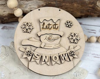 Snowman 'Let It Snow' Banner 5-inch Round Sign DIY Craft Kit | Winter Mini Sign Wreath Add On | Paint It Yourself | Winter Seasonal Decor