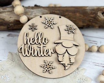 5-inch Hello Winter Gnome Sign DIY Painting Kit | Wooden Winter Decor | Wreath Add On | Do It Yourself | Gnome Wall Sign | Sign Crafting Kit