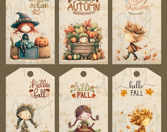 Whimsical Fall Printable Tags | Instant Download | Autumn Cottage-Core Printable Tags | Digital Download Halloween Tags | Fall Sprites