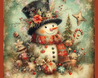 Vintage Snowman Christmas Print: Rustic Farmhouse Winter Decor (Digital Download)