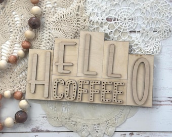 DIY Hello Coffee Wood Block Decor Kit: Unfinished Kitchen Sign