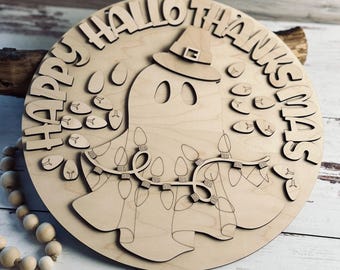 Happy Everything Door Sign DIY Kit: Ghost Pilgrim with Christmas Lights