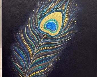 Peacock Feather / Dot Art Painting in Blue, Green and Gold Tones