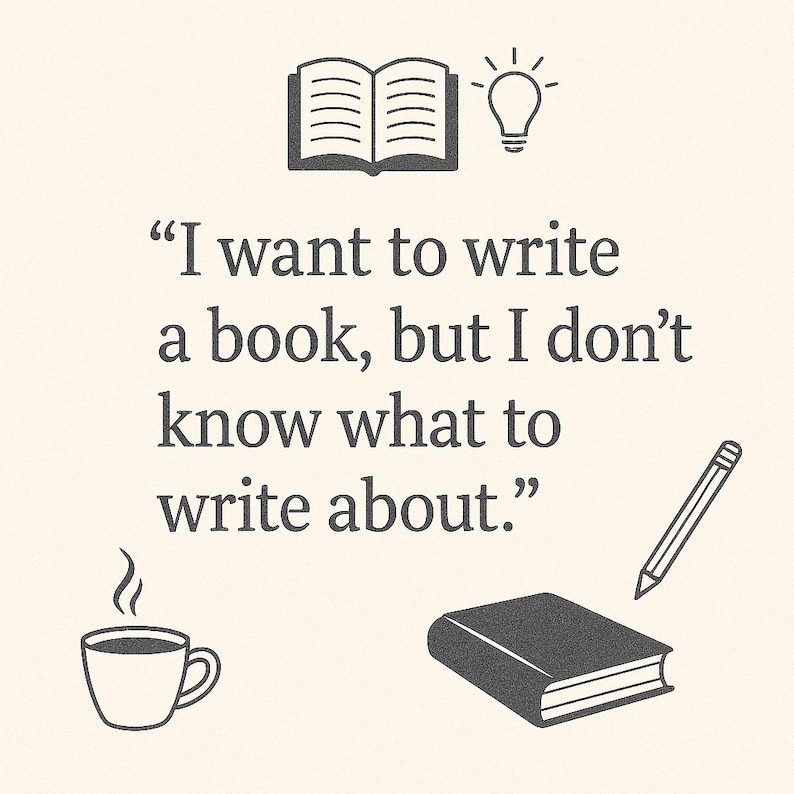 May include: Illustration with text: "I want to write a book, but I don't know what to write about." Features icons of an open book, lightbulb, pencil, coffee cup, and a closed book. The background is a light beige colour.