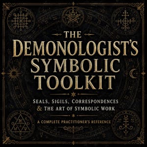Puede incluir: Una portada de libro cuadrada con fondo negro y texto dorado que dice THE DEMONOLOGIST'S SYMBOLIC TOOLKIT: SEALS, SIGILS, CORRESPONDENCES & THE ART OF SYMBOLIC WORK. A COMPLETE PRACTITIONER'S REFERENCE. Cuatro símbolos ocultos enmarcan las esquinas.
