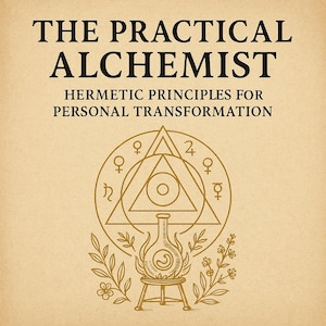 Op de afbeelding: Een boekomslag met de titel "THE PRACTICAL ALCHEMIST" in zwarte letters. Daaronder staat "HERMETIC PRINCIPLES FOR PERSONAL TRANSFORMATION". Een gouden alchemisch symbool en illustraties sieren de omslag op een beige achtergrond.