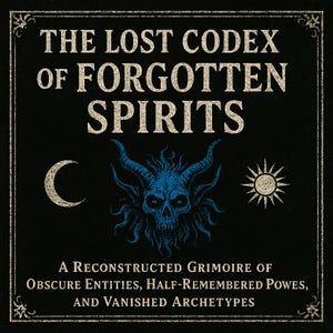May include: Black background with the text "THE LOST CODEX OF FORGOTTEN SPIRITS". A blue demonic skull is centered below the text, with a crescent moon and sun on either side. The text below reads "A RECONSTRUCTED GRIMOIRE OF OBSCURE ENTITIES, HALF-REMEMBERED POWES, AND VANISHED ARCHETYPES."