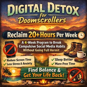 Op de afbeelding: Afbeelding van Digital Detox voor Doomscrollers met tekst: Reclaim 20+ Hours Per Week. Een 4-wekenprogramma om compulsieve social media-gewoonten te doorbreken. Bevat afbeeldingen van een telefoon met een rode streep, wandelschoenen en een koffiekopje.