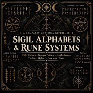 May include: A black square reference chart titled Sigil Alphabets & Rune Systems in gold text. It features Elder Futhark, Younger Futhark, Anglo-Saxon, Theban, Ogham, and Enochian scripts with circular geometric symbols and celestial motifs.
