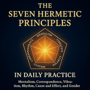 May include: A dark blue graphic with gold text that reads "THE SEVEN HERMETIC PRINCIPLES" above a gold pentagon with the words "Mentalism", "Vibration", "Polarity", "Cuythm", and "Correspondence". Below is "IN DAILY PRACTICE".