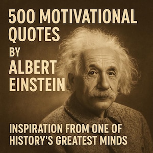 May include: A sepia-toned image featuring Albert Einstein with text that reads "500 Motivational Quotes by Albert Einstein" and "Inspiration from One of History's Greatest Minds."