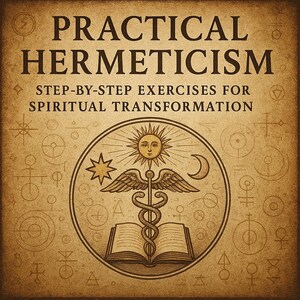 May include: A vintage-style book cover with the title "PRACTICAL HERMETICISM" and the subtitle "STEP-BY-STEP EXERCISES FOR SPIRITUAL TRANSFORMATION." The cover features a circular emblem with a sun, star, moon, and caduceus symbol, all in sepia tones.
