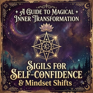 May include: A square graphic print featuring a dark purple and blue starry night sky with a forest silhouette at the bottom. The text reads A GUIDE TO MAGICAL INNER TRANSFORMATION and SIGILS FOR SELF-CONFIDENCE & MINDSET SHIFTS with a central star symbol.