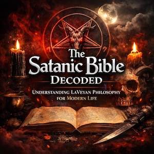 May include: An open book with the title "The Satanic Bible Decoded" is displayed, with a pentagram and a goat's head above it. The image has a dark, fiery aesthetic, with candles and a skull. The text below reads "Understanding LaVeyan Philosophy for Modern Life."