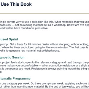 Peut inclure: Une page d'un livre intitul&eacute; "How to Use This Book" avec des instructions pour les &eacute;crivains. Le texte est en noir sur fond blanc, avec des titres en caract&egrave;res plus fonc&eacute;s. La page d&eacute;crit des m&eacute;thodes telles que "The Focused Sprint".