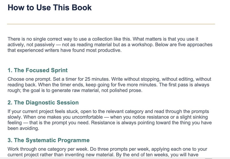 Peut inclure: Une page d'un livre intitul&eacute; "How to Use This Book" avec des instructions pour les &eacute;crivains. Le texte est en noir sur fond blanc, avec des titres en caract&egrave;res plus fonc&eacute;s. La page d&eacute;crit des m&eacute;thodes telles que "The Focused Sprint".