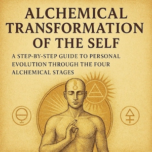 May include: A book cover with the title "ALCHEMICAL TRANSFORMATION OF THE SELF" in brown text. Below the title is the subtitle "A STEP-BY-STEP GUIDE TO PERSONAL EVOLUTION THROUGH THE FOUR ALCHEMICAL STAGES". An illustration of a person is in the center.