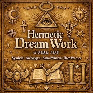 May include: A sepia-toned illustration with the text "Hermetic Dream Work GUIDE PDF." The image features various esoteric symbols, including a sun, moon, an eye within a triangle, an ankh, and an open book with a key and feather. The text below reads "Symbols • Archetypes • Astral Wisdom • Sleep Practice."