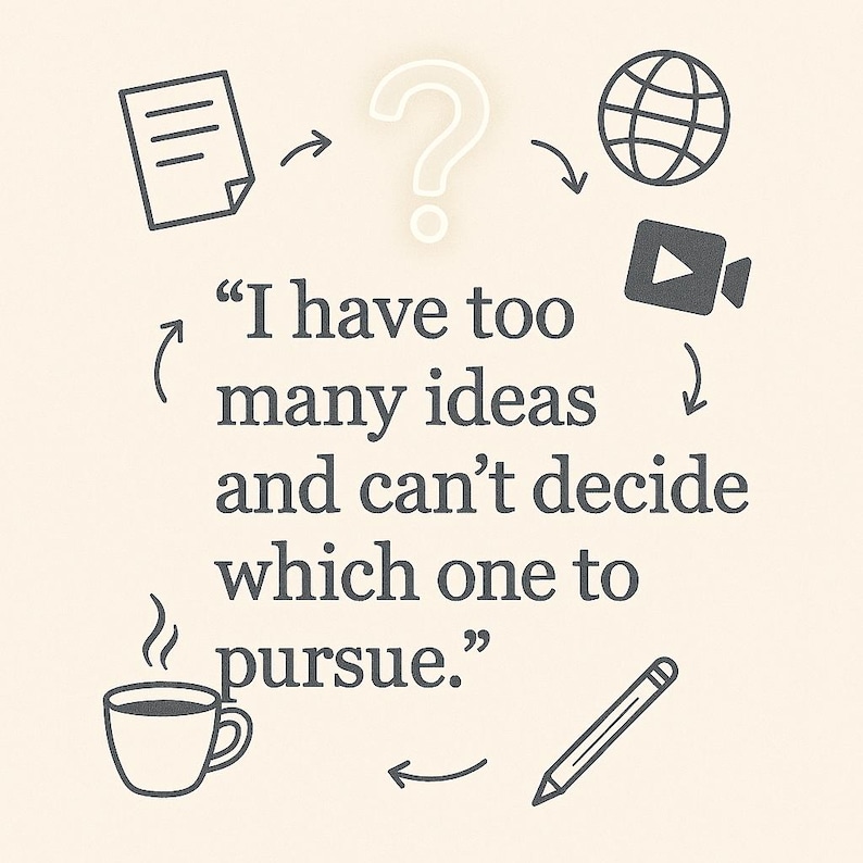 May include: A light beige illustration with a question mark, a document, a globe, a video camera, a coffee cup, and a pencil. The text reads: "I have too many ideas and can't decide which one to pursue."