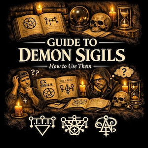 Könnte beinhalten: Eine Illustration mit dem Text "GUIDE TO DEMON SIGILS How to Use Them". Das Bild zeigt offene Bücher mit Sigillen, Schädeln, Kerzen, eine Kristallkugel und zwei nachdenkliche Personen. Das Farbschema ist dunkel mit Sepiatönen.