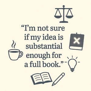 May include: An image featuring the text "I'm not sure if my idea is substantial enough for a full book." alongside icons including a coffee cup, scales, a book with an X, a lightbulb, an open book, and a pencil.