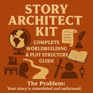 May include: An orange-brown graphic with the text "STORY ARCHITECT KIT" and illustrations of a globe, scroll, quill, book, and sword. The text "COMPLETE WORLDBUILDING & PLOT STRUCTURE GUIDE" is also present. The problem: Your story is convoluted and unfocused.