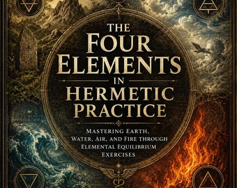 May include: A square book cover titled The Four Elements in Hermetic Practice, featuring a central circular frame with gold text. The four corners depict earth, air, water, and fire, each with a corresponding geometric elemental symbol in a circle.