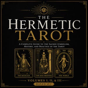 May include: A black boxed set titled The Hermetic Tarot, A Complete Guide to the Sacred Symbolism, History, and Practice of the Tarot, Volumes I, II, & III. The cover features gold text and three tarot card illustrations: The Magician, The High Priestess, and The World.