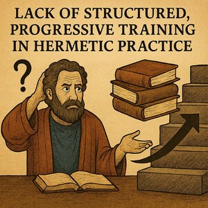 May include: Illustration of a man with a beard, looking confused, with an open book and a question mark. The text reads "LACK OF STRUCTURED, PROGRESSIVE TRAINING IN HERMETIC PRACTICE". There are also stacked books and a staircase with an arrow.