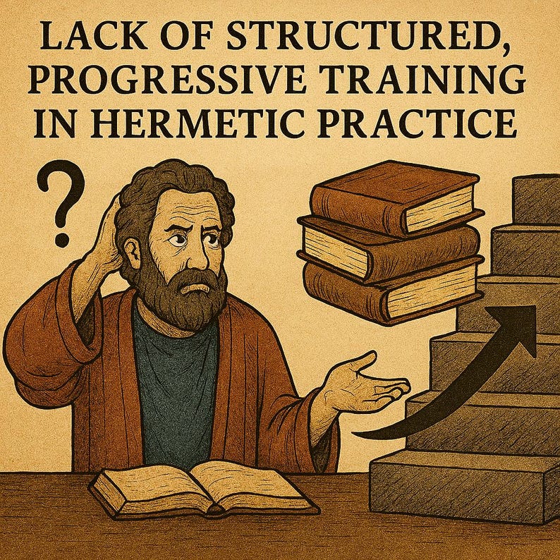 May include: Illustration of a man with a beard, looking confused, with an open book and a question mark. The text reads "LACK OF STRUCTURED, PROGRESSIVE TRAINING IN HERMETIC PRACTICE". There are also stacked books and a staircase with an arrow.