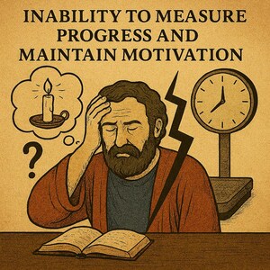 May include: Illustration depicting a man with a beard, hand on his head, and a book. Text above reads "INABILITY TO MEASURE PROGRESS AND MAINTAIN MOTIVATION." A clock and thought bubble with a candle are also present.