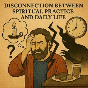 May include: Illustration depicting a man with a beard holding his head, with a thought bubble showing a candle. The image includes a clock, a shadow of a demon, and the text "DISCONNECTION BETWEEN SPIRITUAL PRACTICE AND DAILY LIFE."