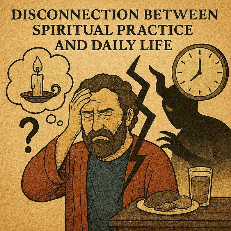 May include: Illustration depicting a man with a beard holding his head, with a thought bubble showing a candle. The image includes a clock, a shadow of a demon, and the text "DISCONNECTION BETWEEN SPIRITUAL PRACTICE AND DAILY LIFE."
